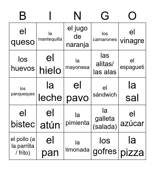 Comida Bingo Card