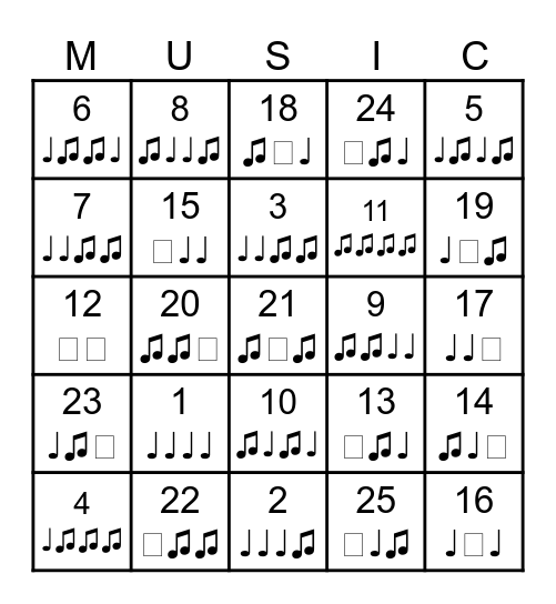 Rhythm Bingo Card