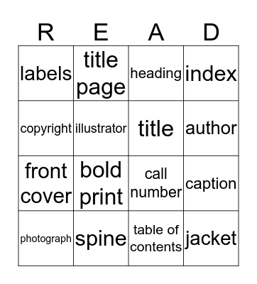 Parts of a Book Bingo Card