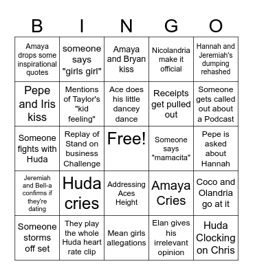 Love Island S7 Reunion Bingo Card