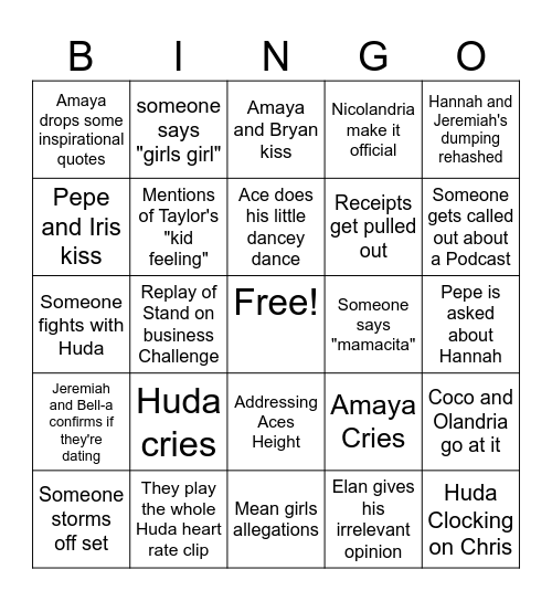 Love Island S7 Reunion Bingo Card