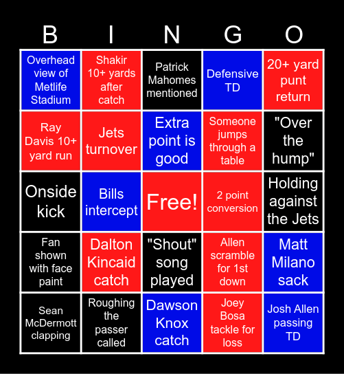 BILLS VS JETS Bingo Card