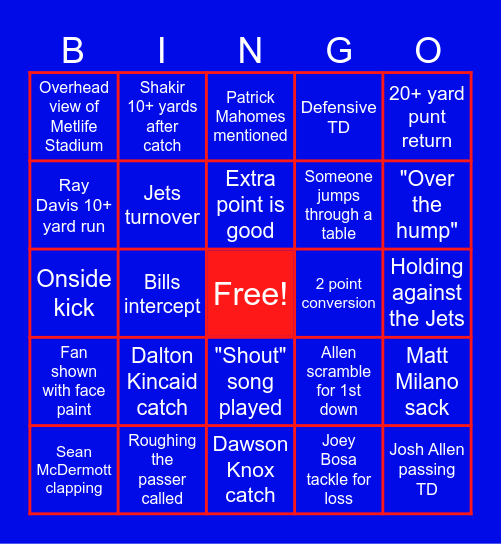 BILLS VS JETS Bingo Card