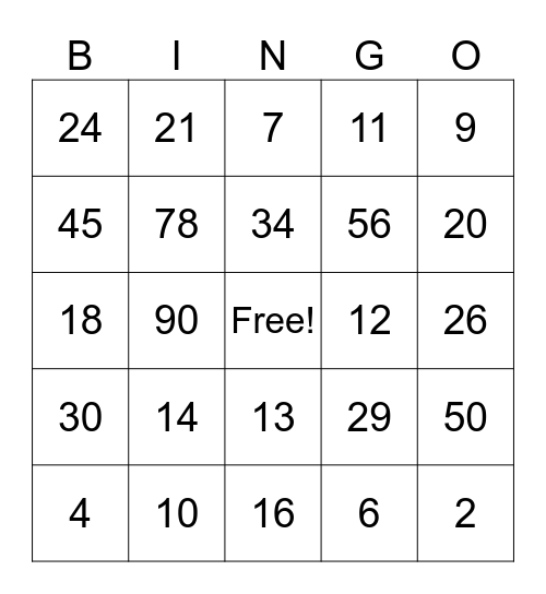 Los numeros Bingo Card