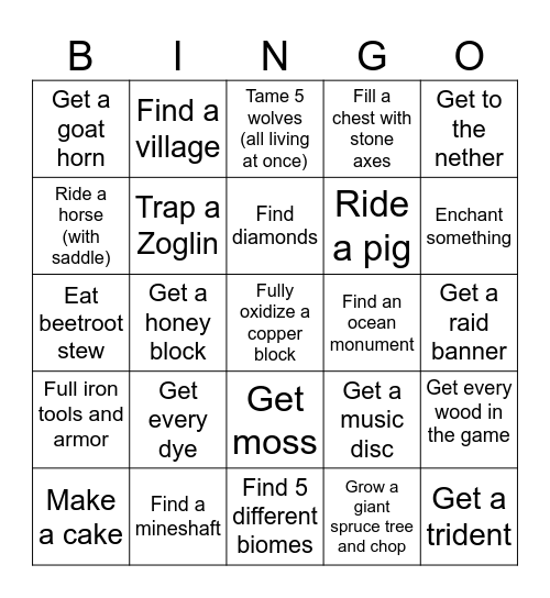 MINECRAFT CHALLENGE Bingo Card