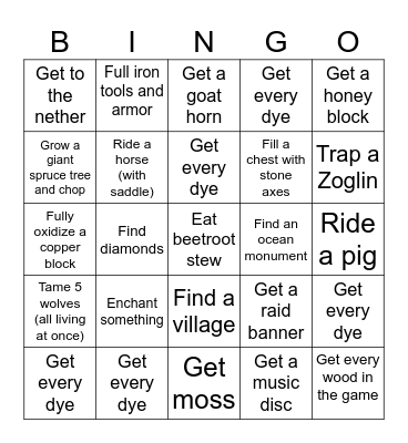 MINECRAFT CHALLENGE Bingo Card
