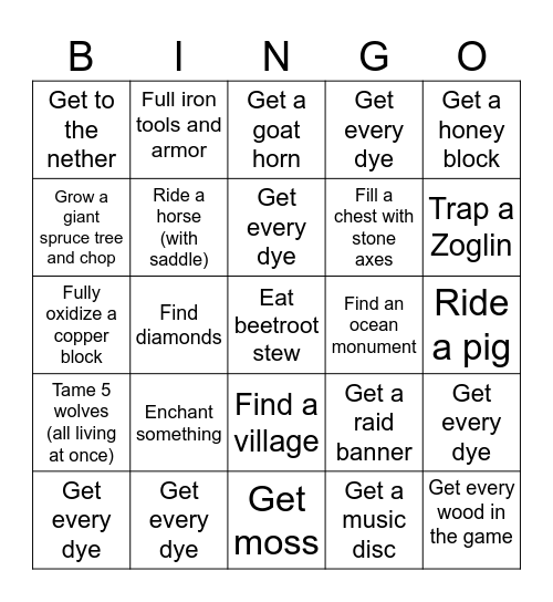 MINECRAFT CHALLENGE Bingo Card