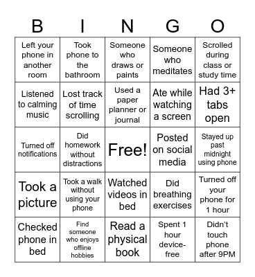 Digital Detox Bingo Card