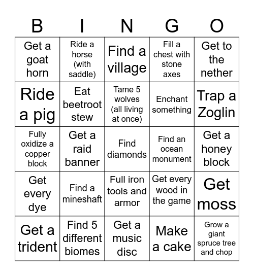 MINECRAFT CHALLENGE Bingo Card