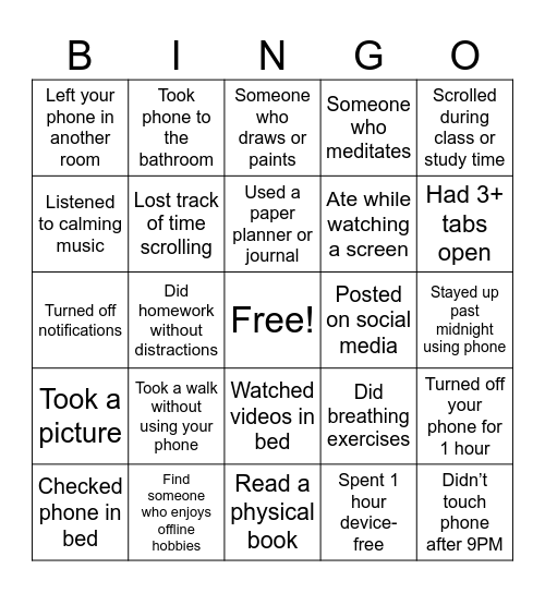 Digital Detox Bingo Card