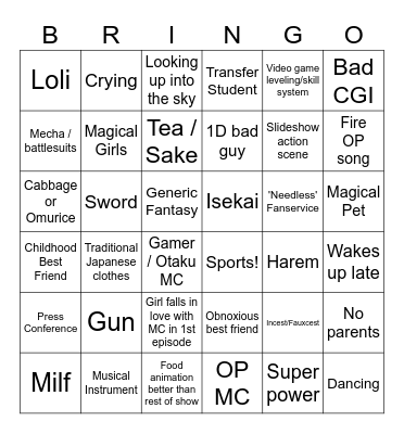 Anime Spinner Drinking Bingo Card