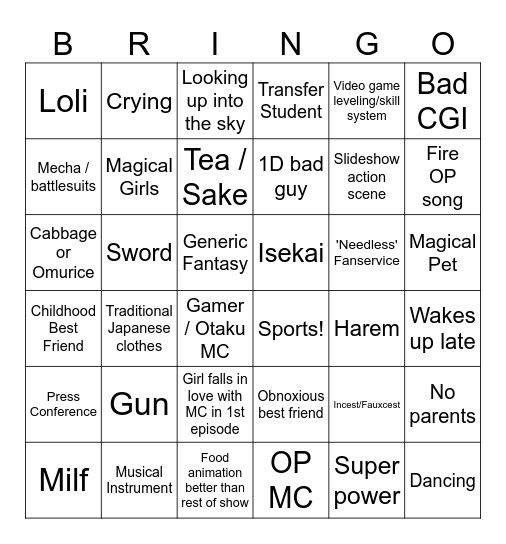 Anime Spinner Drinking Bingo Card