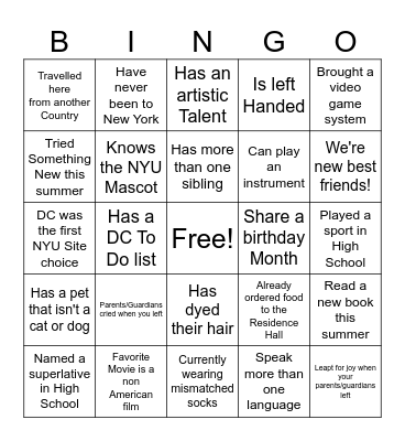 New Best Friend Bingo Card