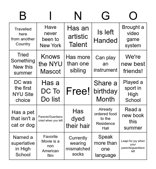 New Best Friend Bingo Card