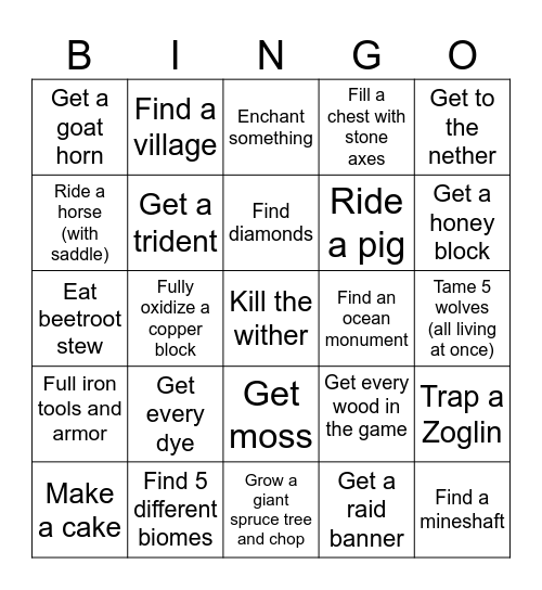 MINECRAFT CHALLENGE Bingo Card