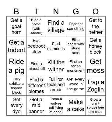 MINECRAFT CHALLENGE Bingo Card