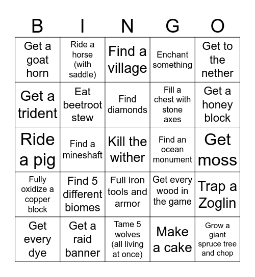 MINECRAFT CHALLENGE Bingo Card