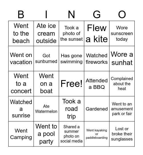 SUMMER Bingo Card