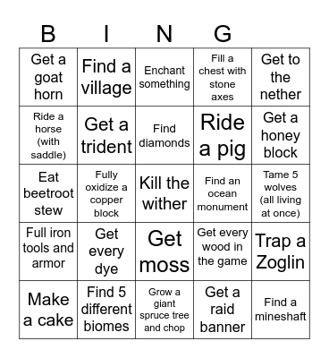 MINECRAFT CHALLENGE Bingo Card