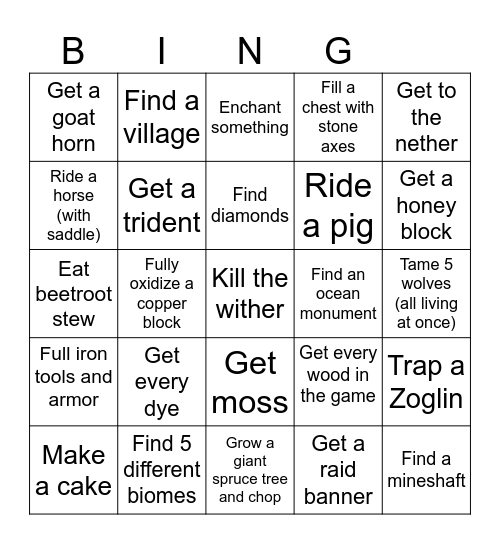 MINECRAFT CHALLENGE Bingo Card