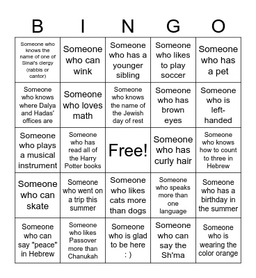 Getting To Know You - BTS Kesher Havdalah Bingo Card