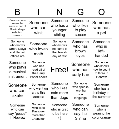 Getting To Know You - BTS Kesher Havdalah Bingo Card