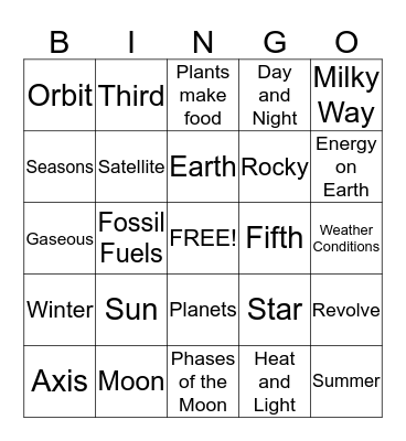 Astronomy Bingo Card