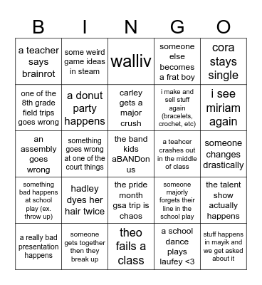 8th grade bingo Card