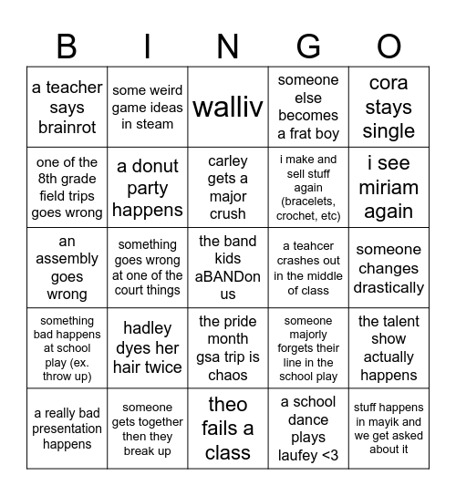 8th grade bingo Card