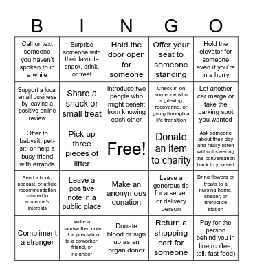 Kindness Bingo Card