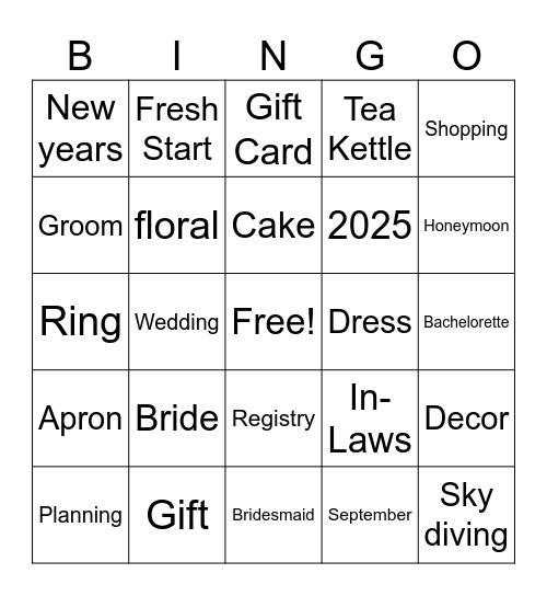 Bridal Shower Bingo Card