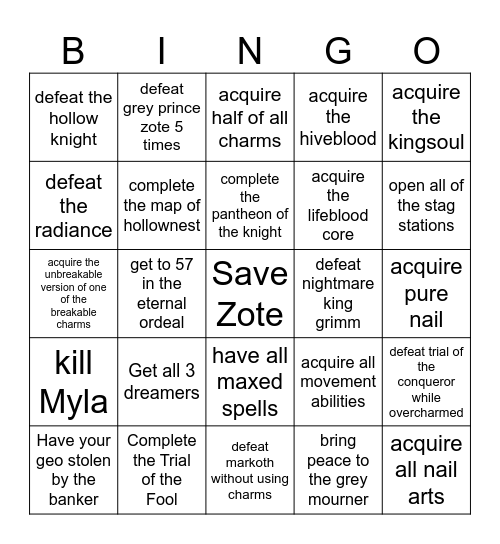 Hollow Knight Bingo Card