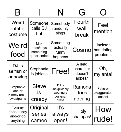 Fuller House Bingo Card