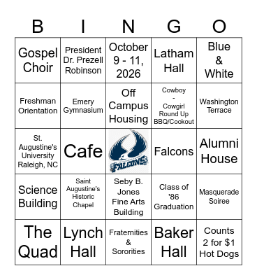 Saint Augustine's University (SAU) Class of '86 -                                                       40th Class Reunion Bingo Card