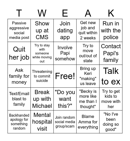 Mommy Crash Out 2025 Bingo Card