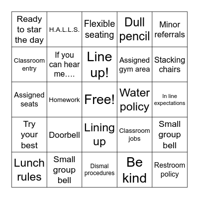 Classroom rules and procedures Bingo Card