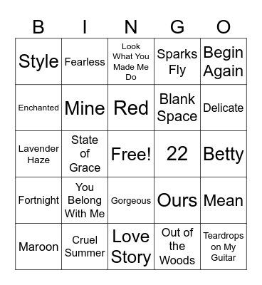 Taylor Swift Songs Bingo Card