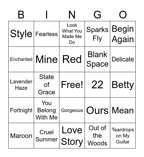 Taylor Swift Songs Bingo Card