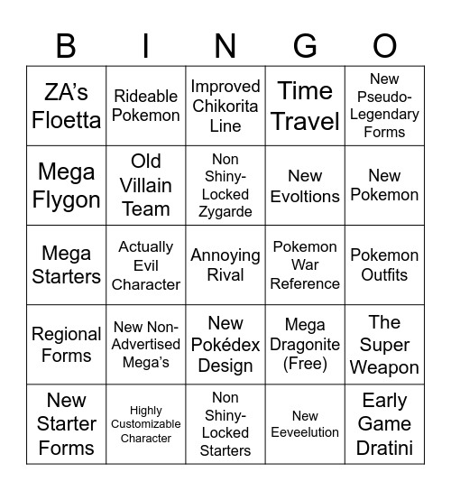 Legends ZA Bingo Board Bingo Card
