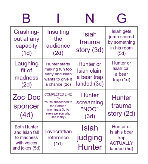 Creepcast Bingo! (D=1 Drink) Bingo Card