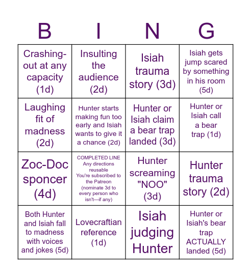Creepcast Bingo! (D=1 Drink) Bingo Card