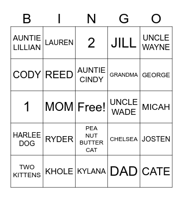 Family and Friends Bingo Card