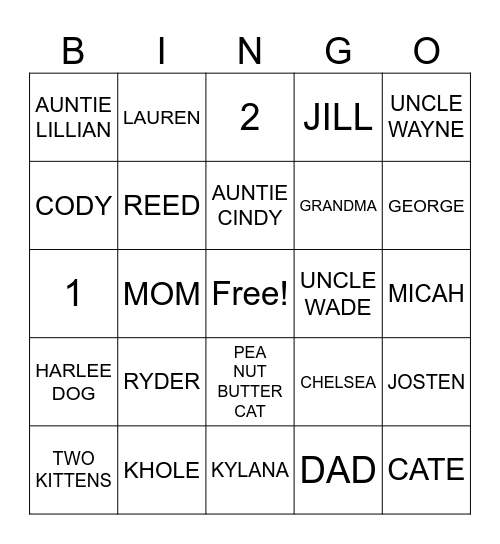 Family and Friends Bingo Card