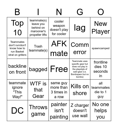 Splatoon Rage Bingo Card