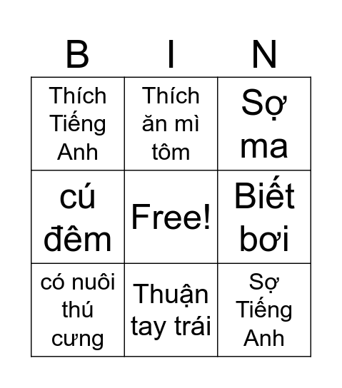 BINGO: AI GIỐNG TÔI? Bingo Card