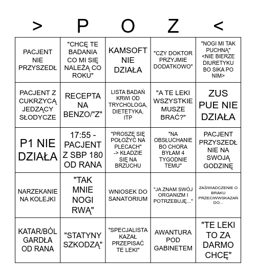 Typowy dzień w POZ Bingo Card