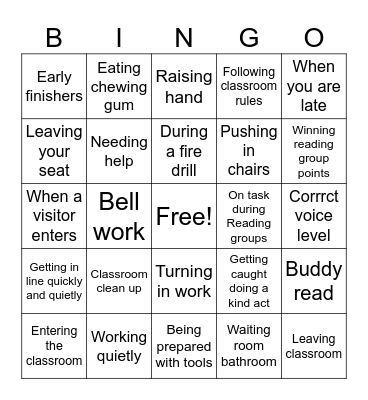 Classroom Routines and procedures BINGO Card