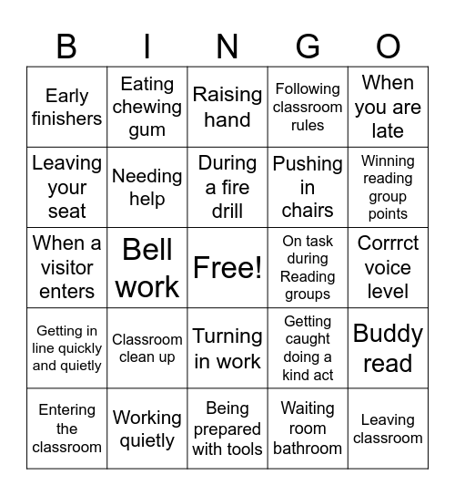 Classroom Routines and procedures BINGO Card