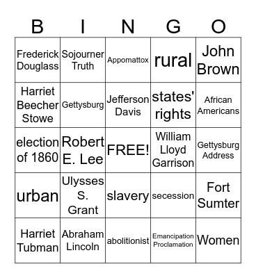 Civil War Bingo Card