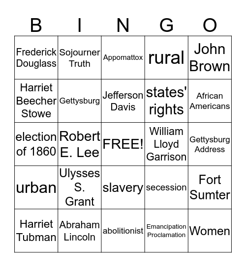 Civil War Bingo Card